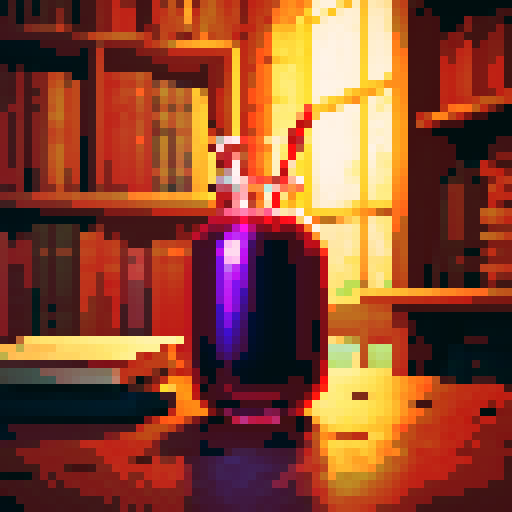 red magical potion sitting on a wooden table in front of books that can cast spells.
