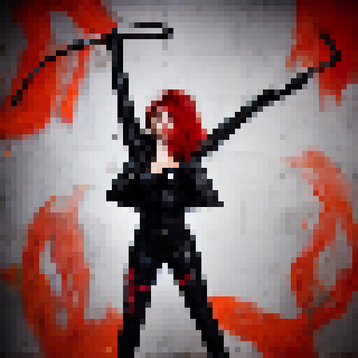 Leather-clad dominatrix with fiery red hair, wielding a whip and standing in front of a wall covered in erotic graffiti.