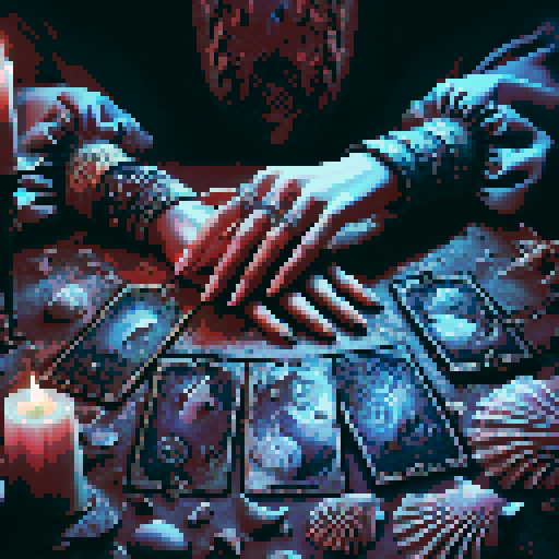 A close-up of a woman's hands over a table during a tarot card reading in a medieval dark style. The table is adorned with elements of the ocean such as sea shells, sand, and small pieces of coral. The atmosphere is mystical and dimly lit, with candlelight casting shadows that enhance the eerie and magical mood. The woman's hands are gracefully poised over the cards, which also have oceanic designs like waves and mermaids.