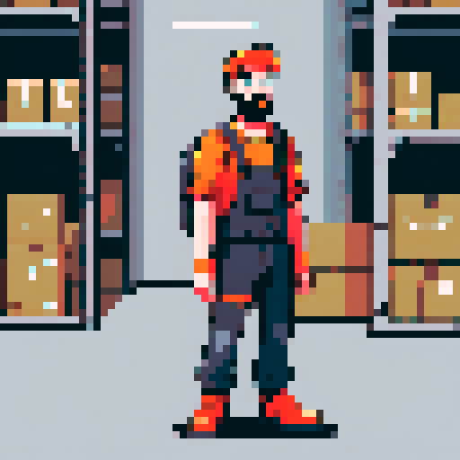 young, bearded, male warehouse worker, Amazon Germany, pixel art