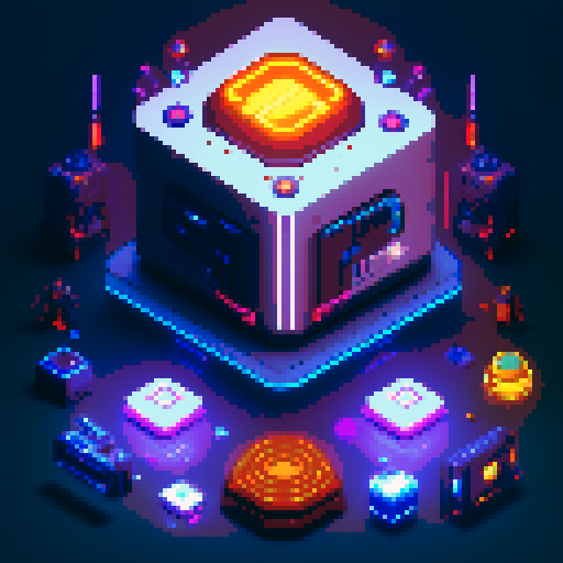 futuristic 4 tier lootbox, glowing buttons, silver box center, intricate details, pixel art style, sRGB