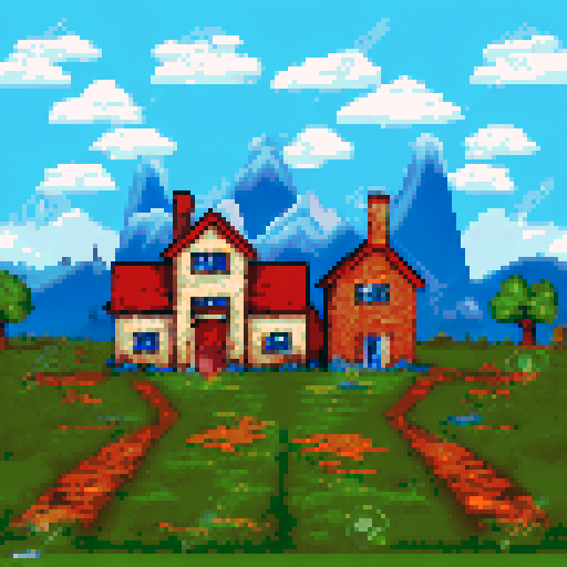 pastoral landscape, village, midnight, house with lights on and chimney, 