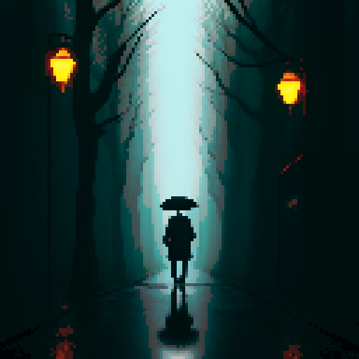neo noir forest, dark shadows, towering trees, misty atmosphere, neon lights, rain-soaked pavement, a lone figure, trench coat, fedora hat, glowing cigarette, flickering streetlamp, reflections in puddles, abandoned alleyway, hidden secrets, eerie silence, retro video game aesthetic