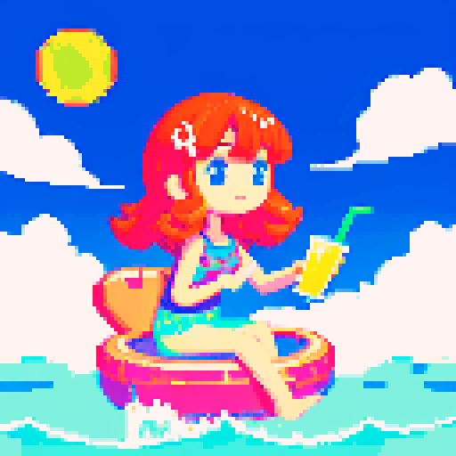 girl on float, holding a brightly colored drink, surrounded by soft sand, with vibrant pixelated waves crashing in the background