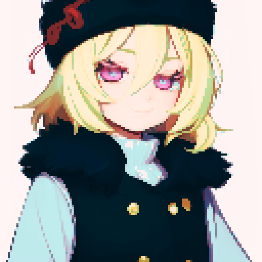 Solo male with perfect anatomy, straight-on, inframe, facing viewer, with round pupils, light blonde hair between eyes, wearing an ushanka hat with a black fur collar, a black vest, puffy sleeves, and black elbow gloves, his round eyes and pink eyes looking at the viewer, smile, giving off a sadistic vibe, in a pixel art style with sRGB colors, half closed eyes
