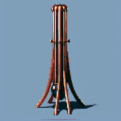 I want a tall vertical copper structure reminiscent of a organ pipe. It should have strange mechanical details that could interlock with each other. I also want this object usable as an asset in a videogame, meaning only one object per image, outlined with a strong black stroke, on a solid-color background.