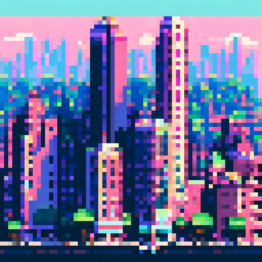 Towering skyscrapers, bustling streets, blocky pixelated buildings, natural color, retro video game vibes, 8-bit art style, ARNE32 palette, pixel art