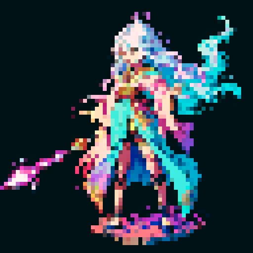 legendary anime girl wizard, long flowing hair, vibrant and dynamic colors, glowing magical staff, intricate and ornate robes, intense and focused expression looking to the right, not wearing shoes, sparkling and shimmering background, detailed and precise pixel art
