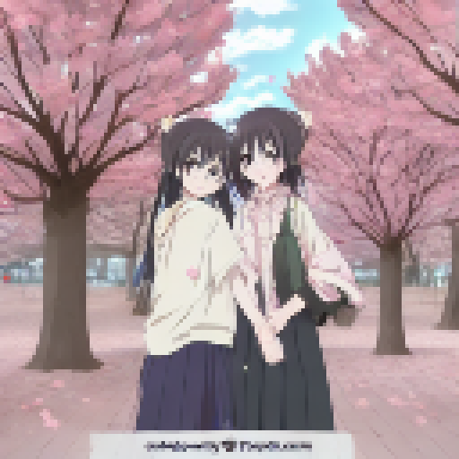 Two blushing women embrace, surrounded by cherry blossoms, with sparkling hearts in their eyes, in an anime style.