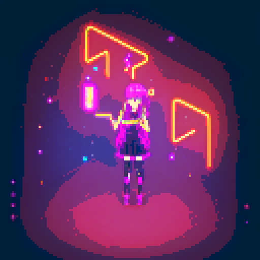 Mage anime girl, flowing hair, fluorescent tattoos, glowing staff, purple neon-lit night market, pixel art