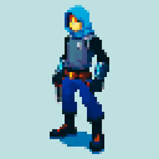 Game character rogue-like game with 2D platformer view, regular guy with weapon and hand pet, cyberpunk, gray background, 16-bit, controls time, gray background