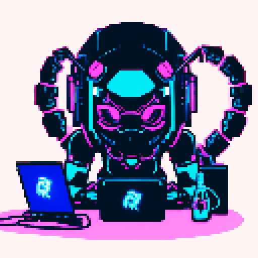 cute cyberpunk scorpion with human head, human head is from anime inspired character with short pink hair, expressive eyes, and a mouth mask, scorpion is playing computer games, tables with coca cola, scorpion's tail should be fully in the picture, yellow and cyan and light blue light