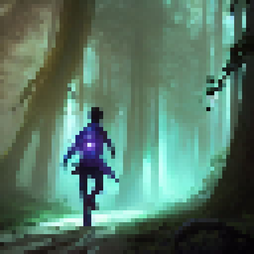 Ekko dashes through the enchanted forest, wielding his glowing time device, as the misty trees and shimmering magic crystals create an ethereal, otherworldly atmosphere around him.