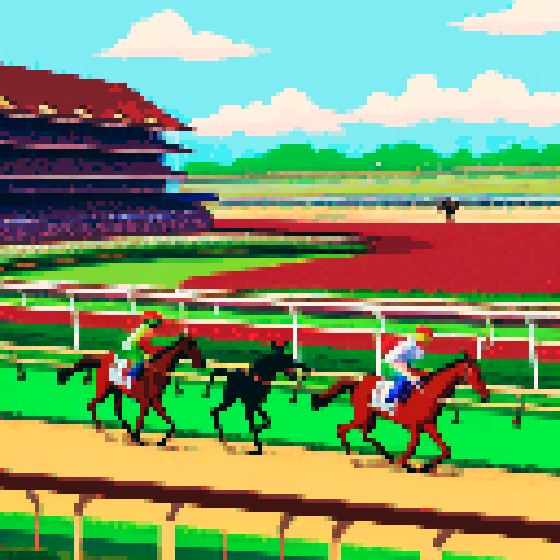 Scene from the Kentucky Derby. Landscape scene of horses and jockeys racing. Colorful. 