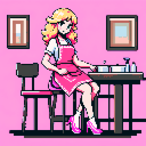 long blonde wavy hair, pink apron, table, hand massage, brunette girl, nail salon, pixel art, sRGB