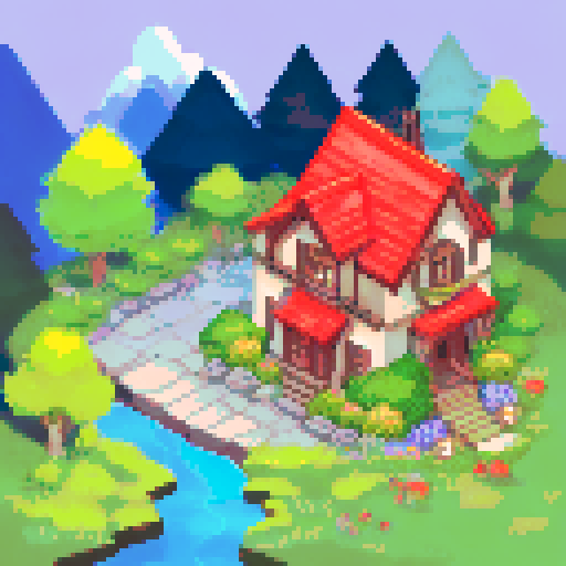 small wooden house, red roof, middle of forest, flowing river, picturesque street, mountain hills, chimney with smoke, lights on in house, booth next to house, landscape portrait