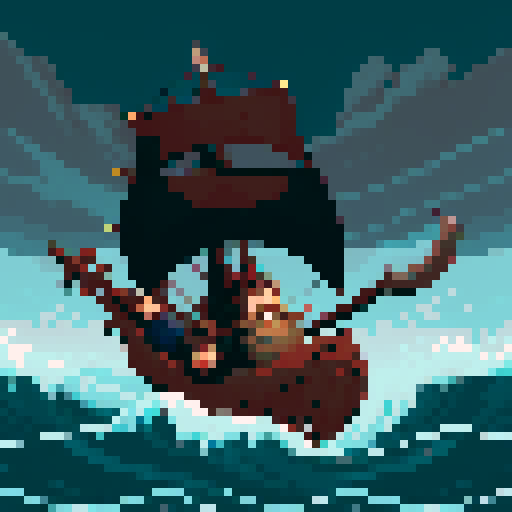 Viking warrior sailing on a longship, fierce and bearded, with a horned helmet, holding a battle axe, amidst stormy waves, in vibrant pixel art with sRGB colors