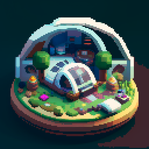 The interior of a small, rounded spaceship interior with smooth, curved walls. The top half is large windows in the back showing space. Like a gachapon. In the center is a cryo-pod with a sleeping human inside.