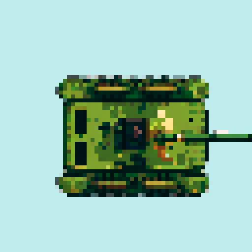 military tank, top-down view, 32x32 pixels, prominent turret, gun barrel, visible treads, green and gray color scheme, transparent background, World War Two, pixel art, sRGB