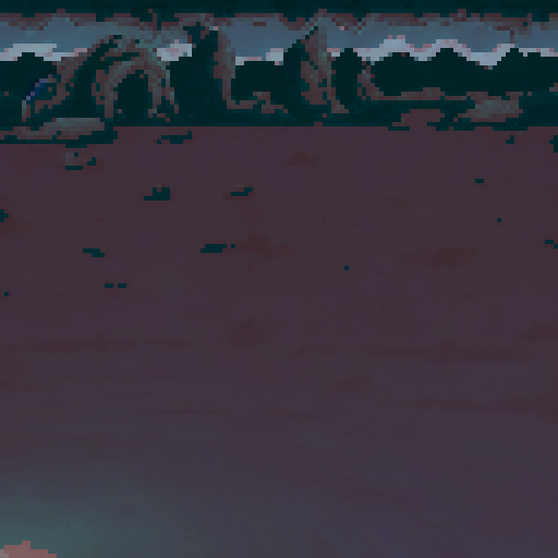 Dark cavernous setting with a rocky, uneven ground scattered with small stones. The background features shadowy pillars and a large cave opening, framed by jagged rock formations and a hazy, muted purple horizon. The dim lighting and deep gray tones create a foreboding and mysterious atmosphere.