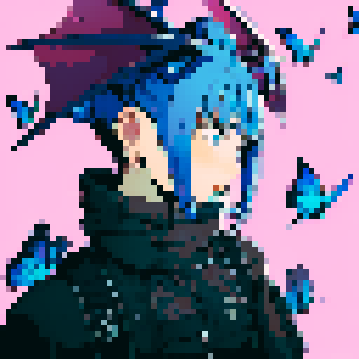 Girl with blue hair and butterflies, demon horns, pink background