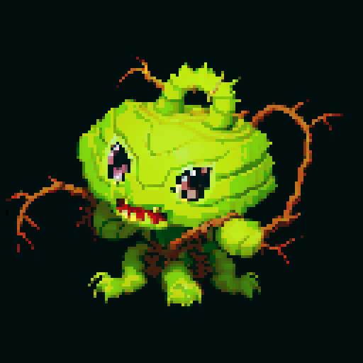 A large, powerful creature made of intertwined vines and roots. It has sharp thorns, glowing yellow eyes, and a fierce expression. It moves with a menacing grace, ready to ensnare its enemies. No background.
