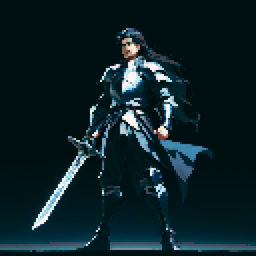full-body image, male knight, man in black armor, giant sword, long black hair, sexy, male dark knight, giant sword, huge long sword, long hair