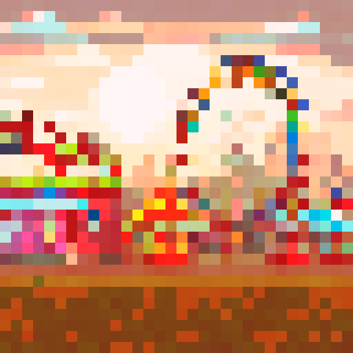 wide shot amusement park, vibrant colors, whimsical carousel, towering roller coaster, ferris wheel in motion, candy-colored stalls, pixel art style