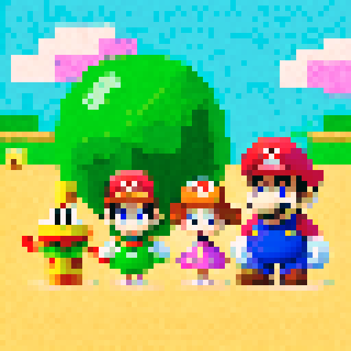 The Mario characters Yoshi, Peach, Waluigi, Daisy, and Toad standing together
