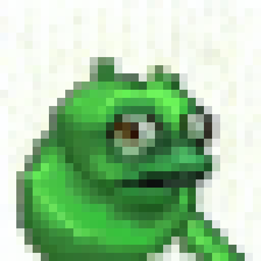Pixelated Pepe the frog, with a transparent background, in 16-colors, in a game icon style, 32x32 pixels, sRGB, using skillful close-up portrait techniques.