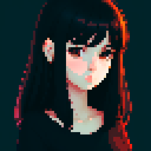 portrait, sprite art, young woman, dark eyes, dark hair, shy, cozy