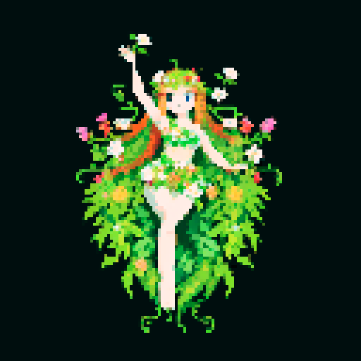 A beautiful nymph covered in vibrant petals and leaves. It has long, flowing hair made of vines, bright eyes, and an enchanting smile. It exudes an aura of beauty and charm. No background.
