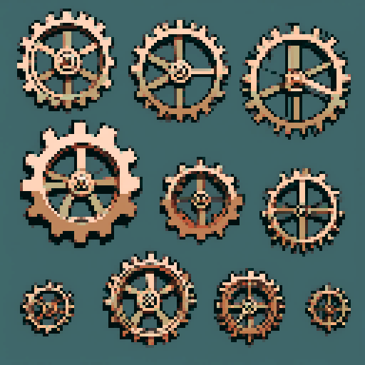 I want a copper gear that looks like it was made by a master clockmaker. It should have strange mechanical details that could interlock with each other. I also want this object usable an asset in a videogame, meaning only one object per image, outlined with a strong black stroke, on a solid-color background.