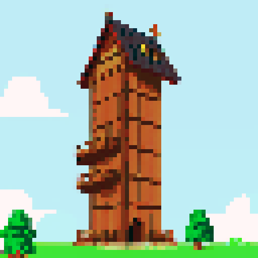 archer tower, tall and sturdy, wooden structure, arrow slits, medieval-inspired, pointed rooftop
