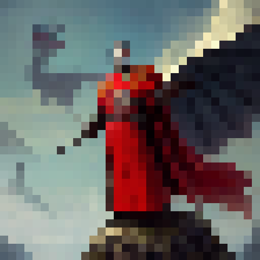 Stalin, a towering figure with a flowing red cloak and a menacing sword, surveys his fantastical kingdom from atop his dragon mount as his loyal army of orcs and trolls prepare for battle.