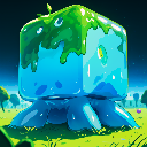 Blue Slime cube, Gelatinous cube, giant Slime, boss fight, grasslands