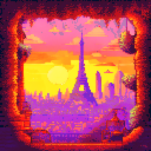 Parisian rooftops at sunset, with warm hues bleeding into the sky and the Eiffel Tower in the distance, all rendered in a nostalgic, pixelated style reminiscent of classic video games