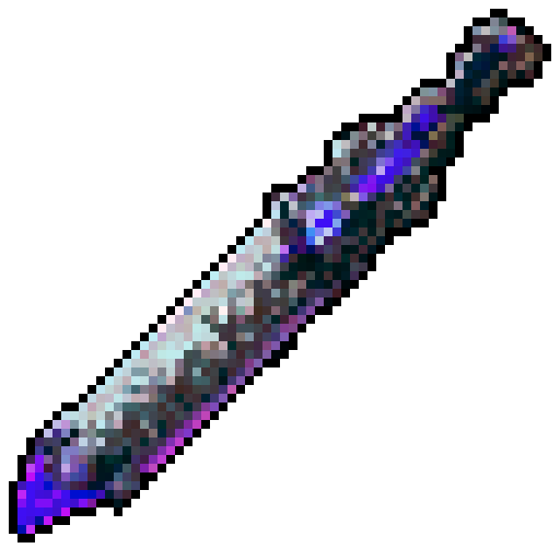 fantasy sword, glowing blue gem in the hilt, intricate silver filigree, sharp serrated edge, ethereal wisps of magic swirling around, vibrant hues of purple and gold, intricate pixel art details, ornate hilt with sparkling gemstones, mystical runes etched along the blade