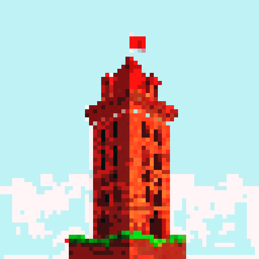 Crumbling brick tower with pointed red clay shingle roof and a solid color background. Give a black stroke around the tower