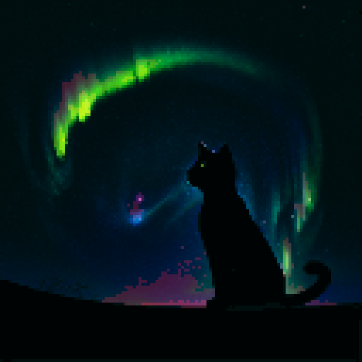 hyperrealistic silhouette of a black cat, galaxies and stars covering the night sky, aurora borealis, pixel art, sRGB