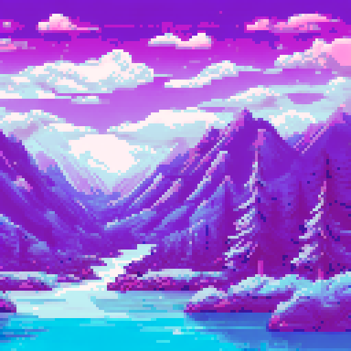 Frozen mountains looming behind a crystal-clear river, icy pine trees swaying in the wind, a small hero standing at the edge of the water, ready to jump into the unknown