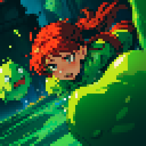 hero sinking into slime, hero drowning in slime, hero has red hair, hero has silver armor, reaching up, panic, sinking deep into slime