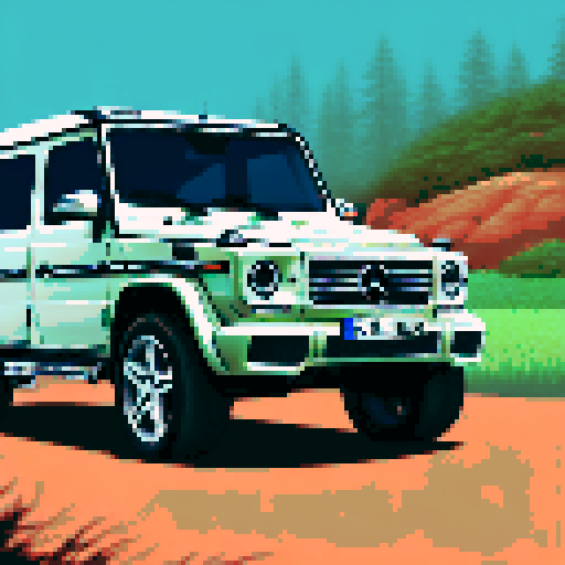 Photorealistic whole Mercedes-Benz G class, three-quarter view, right front wheel, clean background, sRGB colors, pixel art style