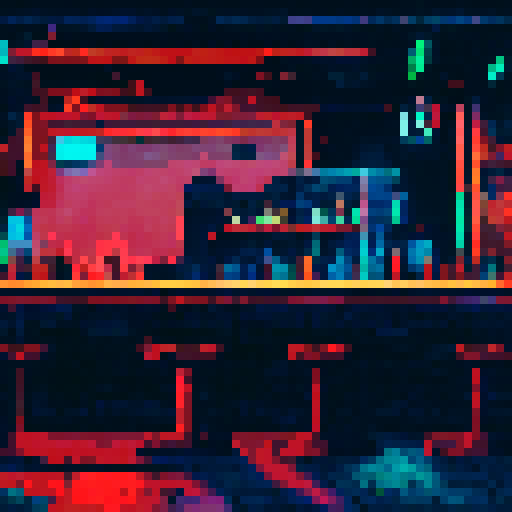 Create a pixel art illustration of a cyberpunk bar with a detailed bar counter. The scene should have a side-scroll perspective, capturing the bustling atmosphere typical of 2D games. 16 bit. Make sure to include neon lights, futuristic decor, and characters interacting within the bar. The image should have a trendy and stylish aesthetic, reflecting the vibrant and edgy nature of the cyberpunk genre.