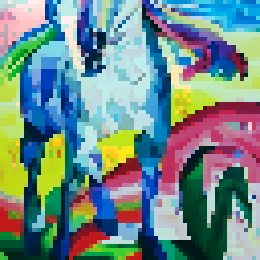 blue horse, galloping through a vibrant pixelated landscape, mane flowing with vibrant colors, surrounded by geometric shapes and bright blocky trees, showcasing the intricate details of pixel art