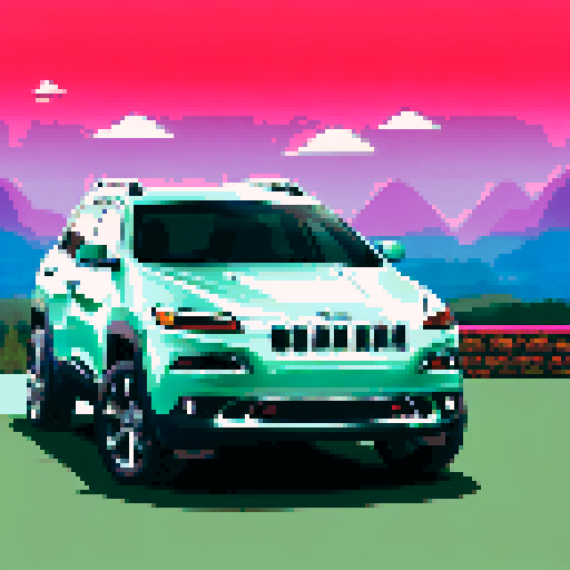 Photorealistic, centered Jeep Cherokee in a three quarter view, right wheel in front, clean background, pixel art style with sRGB colors