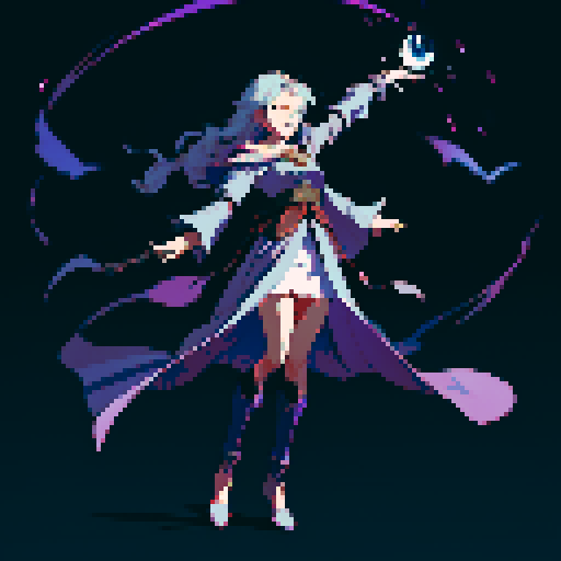 full-body image, sorceress facing right, sorceress ready to fight, evil sorceress, floating, arms out, magic circles, magic power, spell, evil sorceress, evil witch, magic symbols, ultimecia, final fantasy, sRGB, pixel art