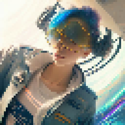 Anime-style, neon-lit, futuristic cityscape frames a rainbow-haired girl in oversized glasses and flowing dress, twirling and spinning under a starry sky.