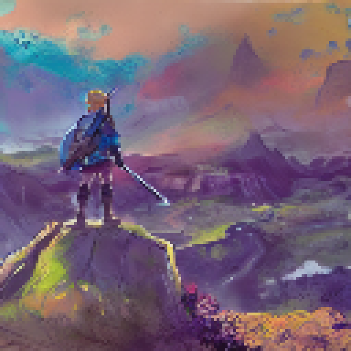 Link from legend of zelda standing on a mountaintop overlooking Hyrule field