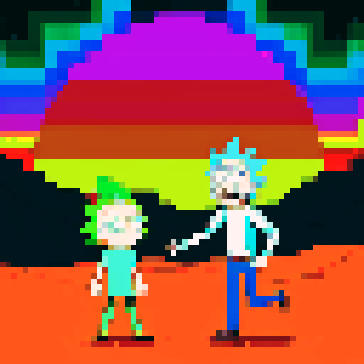 Rick and Morty on Mars with UFOs in acid palette